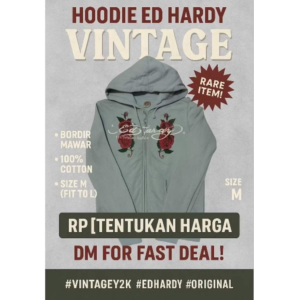 jaket Zip hoodieHoodie Ed Hardy Original Vintage Y2K | Bordir Mawar | Christian Audigier | Unisex