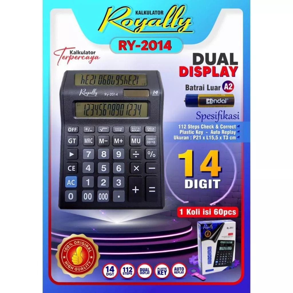 

KALKULATOR ROYYALY 14DIGIT RY-2014 DUAL DISPLAY