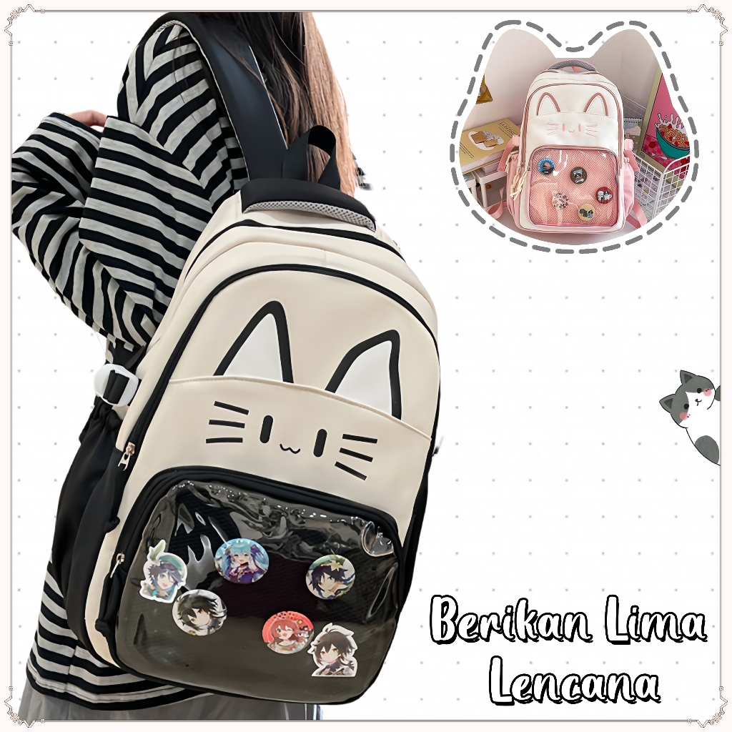 [Lencana Gratis] Tas Sekolah Wanita Lucu Kucing / Tas Ransel Lucu/Tas Ransel Sekolah Karakter Kucing