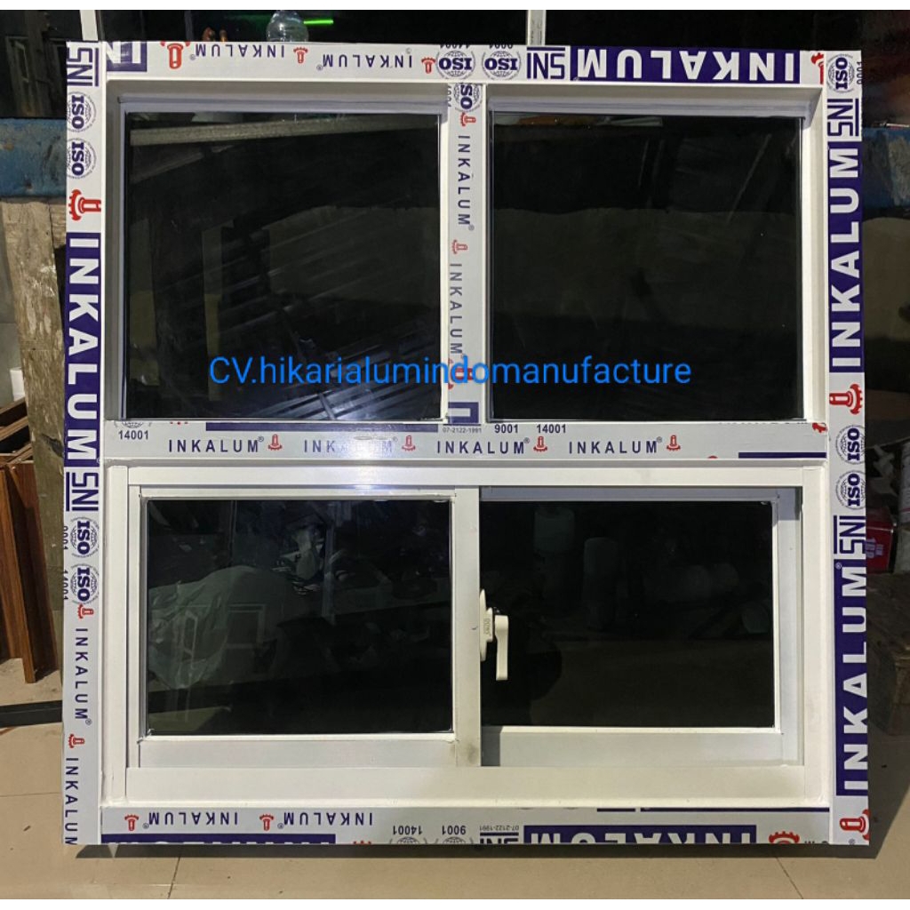 JENDELA ALUMINIUM 2 SEKATAN,ATAS MATI BAWAH SLIDING UKURAN P 80cmx T 80cm FREE PACKING KAYU