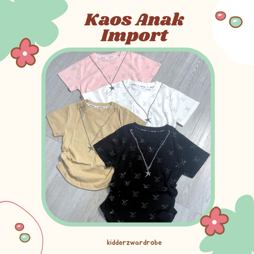Kaos Import Anak Perempuan (Usia 5–8 Tahun) – Premium Quality | Model Serut Samping Kalung LV
