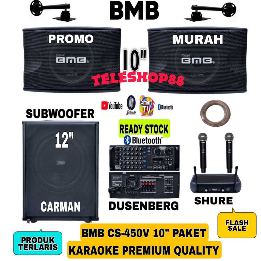 Paket Karaoke Speaker Pasif 10 Inch BMB CS450V+Subwoofer Crimson 12 Inch+Amplifier Dusenberg+1 Set M