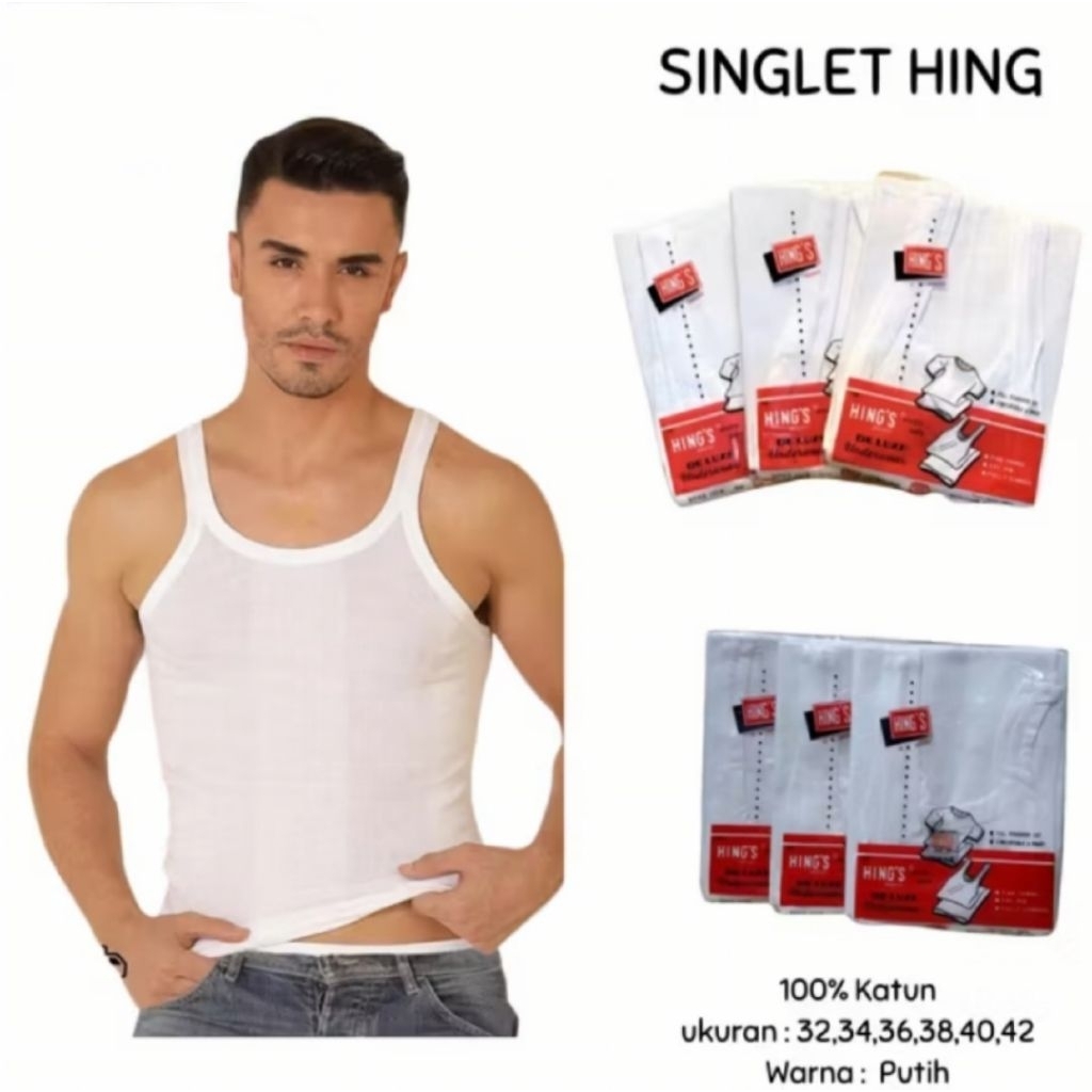 SINGLET HINGS PRIA, 123 B, SIZE 32 / 34 / 36,  DALAMAN SINGLET, PUTIH, 3 PCS. GROSIR