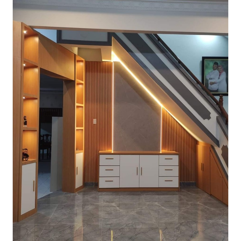 lemari bawah tangga minimalis , lemari storage bawah tangga , lemari bawah tangga custom HPL