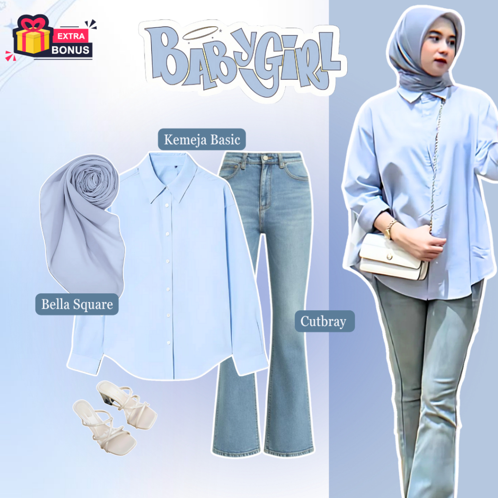One set 3in1 Outfit Kemeja basic polos sky blue biru muda celna jeans curtbray Hijab Bella square Ab