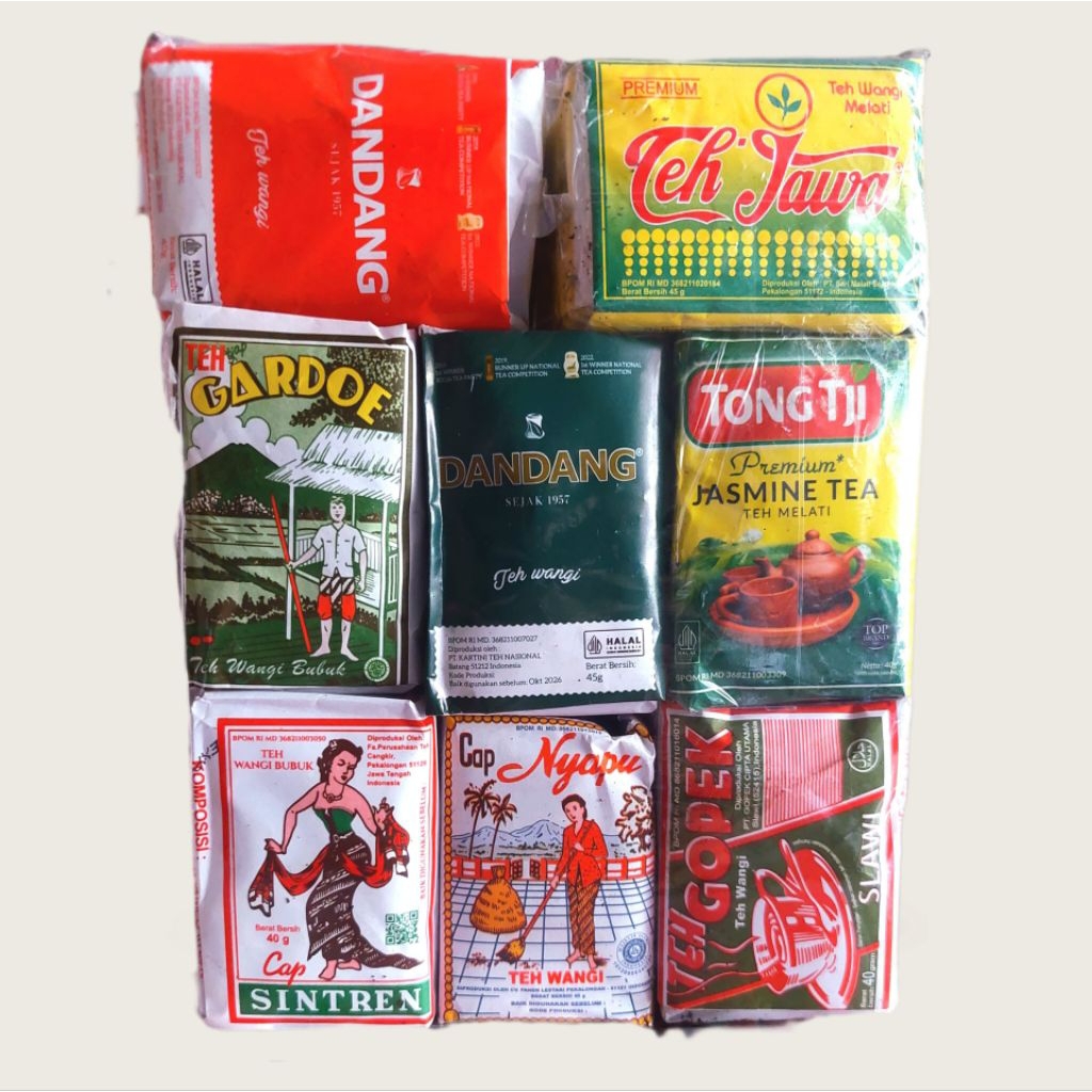 

Racikan 8 jenis teh sintren, nyapu, gopek, dandang SELECTION, dandang MERAH, gardoe, jawa, tong tji jasmine 40 gram