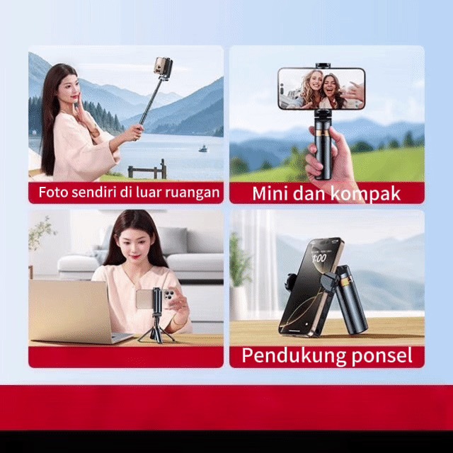 Tongkat Selfie HP Bluetooth Multifungsi Lipat, Ringan, dengan Remote, Cocok untuk Vlog, Tiktok,