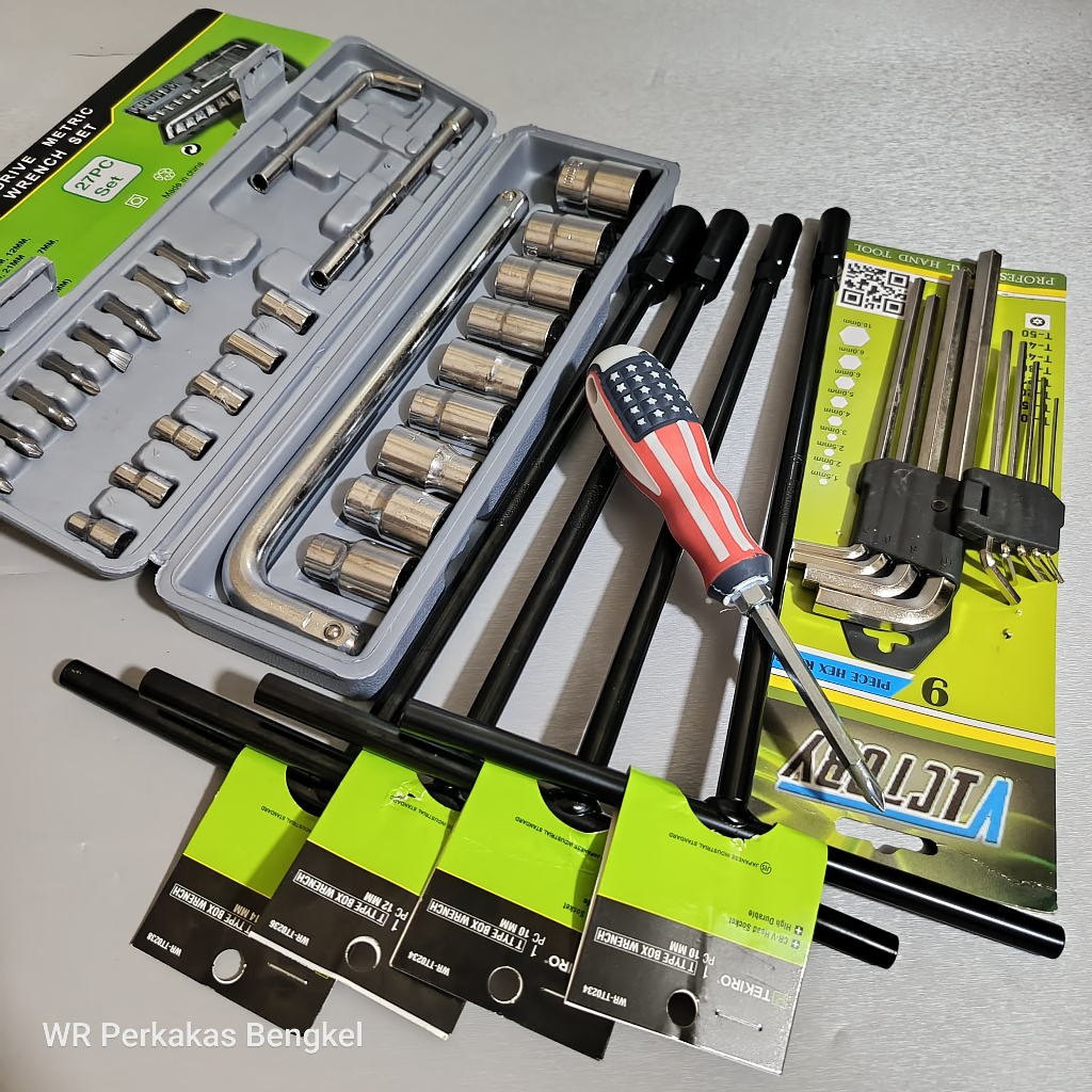 Paket Perkakas Kunci TEKIRO Kunci T 4pcs 8-10-12-14mm + Kunci Shock Set Sok 27Pcs VICTORY + Kunci L 