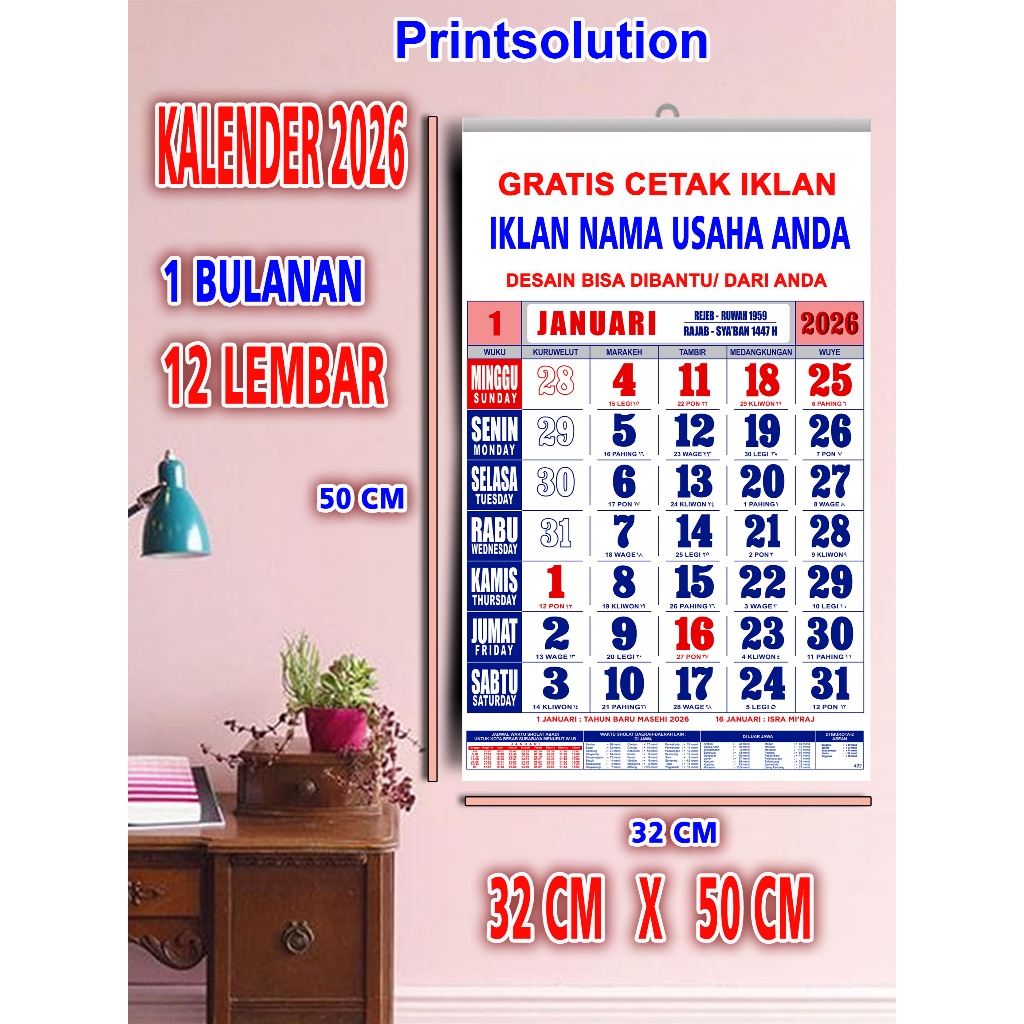 

Kalender dinding 2026 Dengan Penanggalan jawa dan islam( dengan kop iklan)