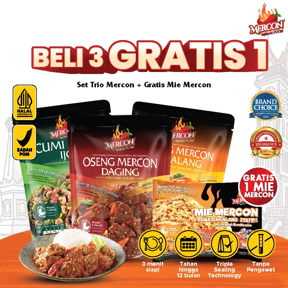 

[ BELI 3 GRATIS MIE MERCON CAKALANG ] - Mercon Merah Putih - Set Trio Mercon isi 3 Pack Lauk Pedas Siap Saji (DAGING, CUMI CABE IJO, CAKALANG) + GRATIS MIE MERCON CAKALANG