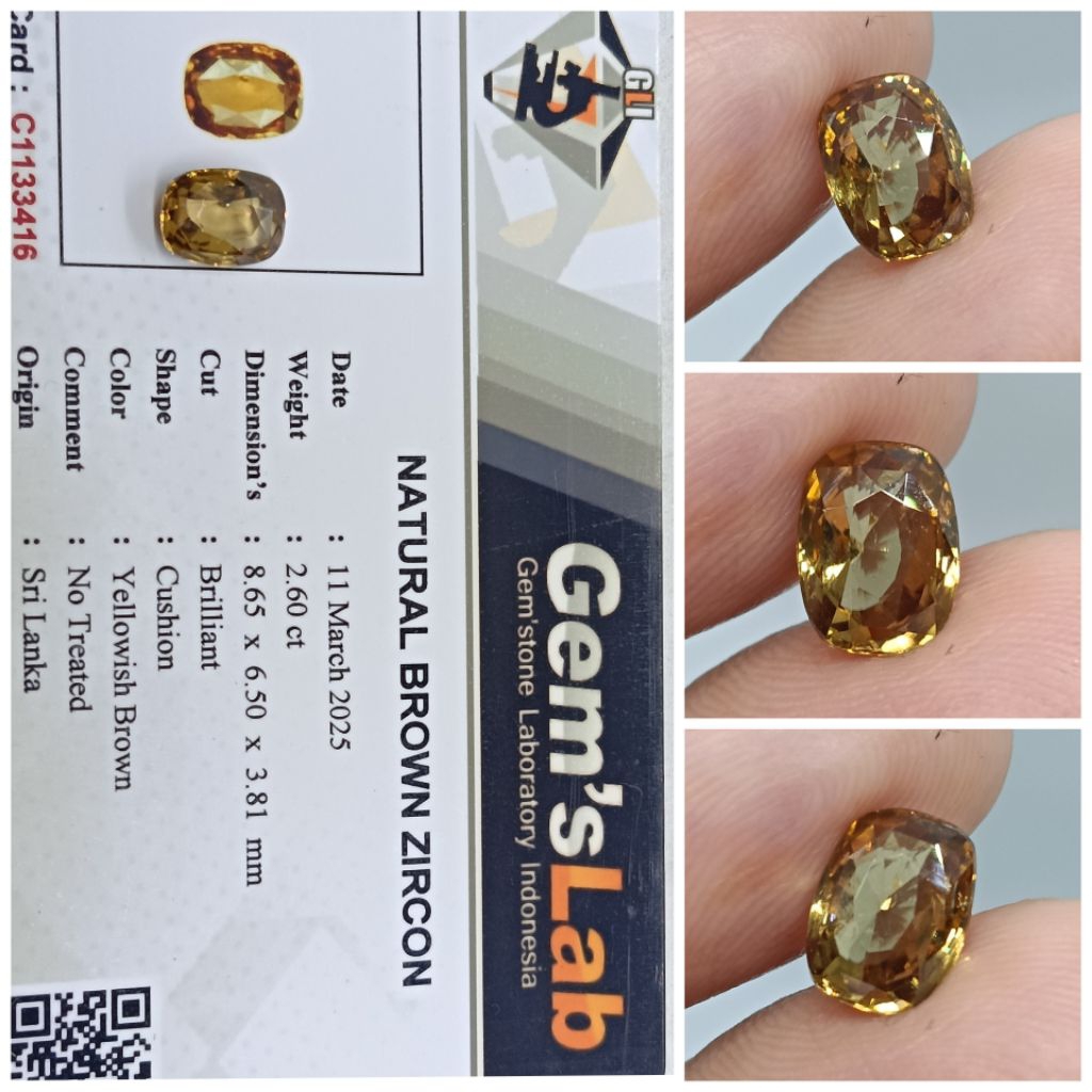 Natural Brown Zircon Srilanka 2,6ct NTD memo GLI Luster Bagus