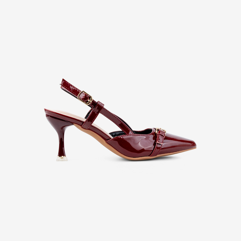 Lawrensia Marceline – Sepatu Wanita Slingback Heels Glossy Basic Hak 7.5 Cm Warna Merah, Krem, & Hit