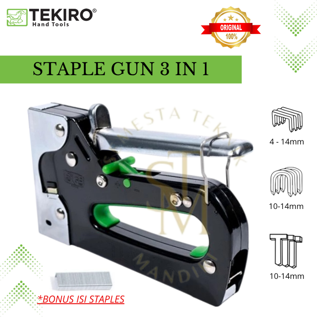 

TEKIRO STAPLES GUN 3 IN 1 / TEMBAKAN STAPLE 6 - 14 MM Stapler Tembak Kayu Jok Kardus Wallpaper