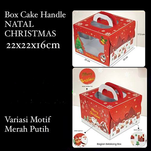 

box cake handle dus kotak tenteng natal christmast motif merah putih ukuran 22x22x16