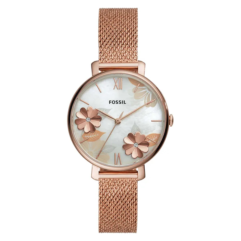Fossil Jacqueline ES4534 White Floral Dial Rose Gold Mesh Strap