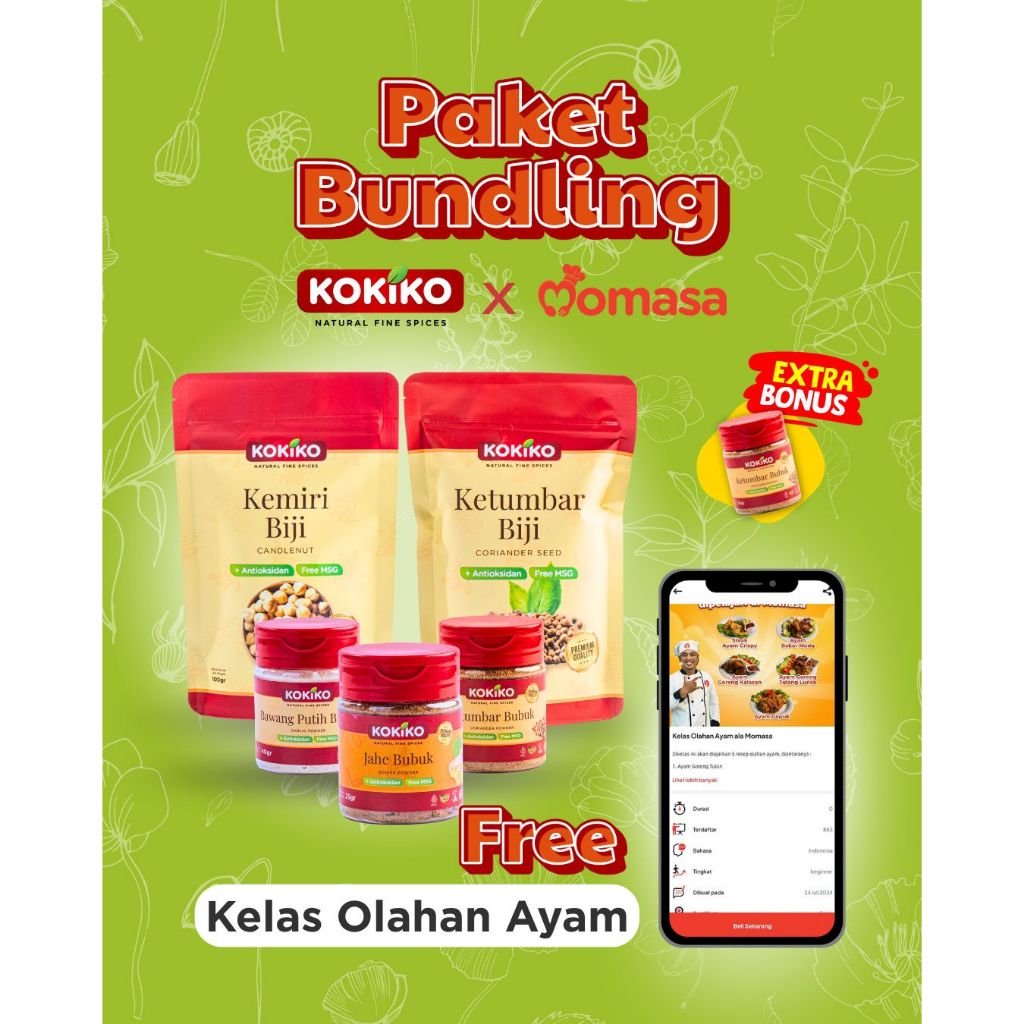 

Kokiko Bundling Bumbu Olahan Ayam (Jahe bubuk, Bawang putih bubuk, ketumbar bubuk, biji ketumbar, biji kemiri) X Kelas Olahan Ayam