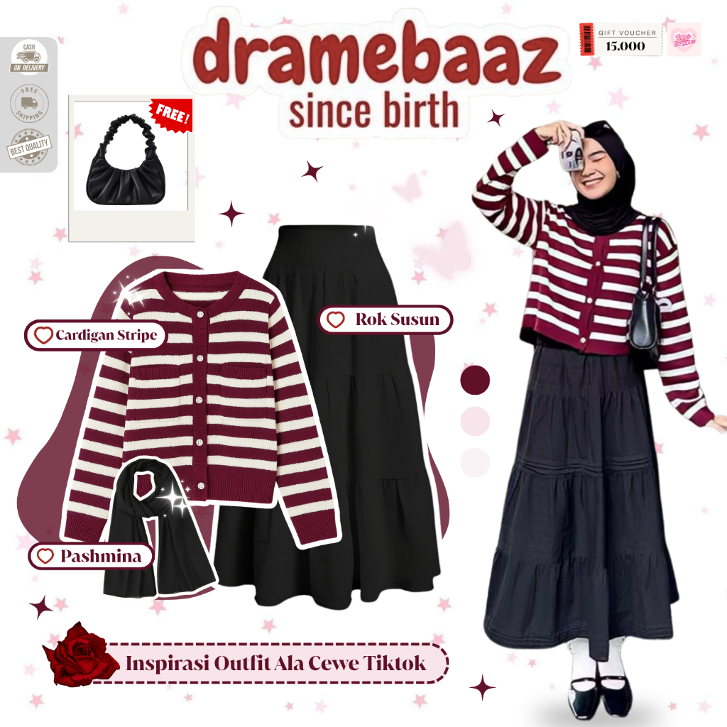 Rona - Outfit Kuliah Wanita Hijab Rok | Pashmina Ceruty Hitam, Cardigan Rajut Stripe Maroon, Rok Sus