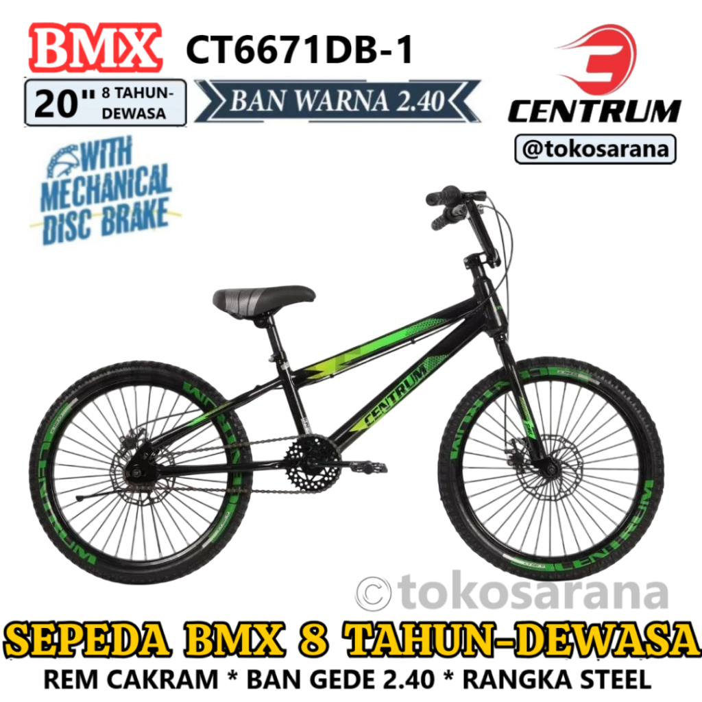 Sepeda BMX Centrum CT6671DB-1 Ban 2.40 Anak 8 Tahun-Remaja-Dewasa 20 Inci Rangka Steel Rem Cakram