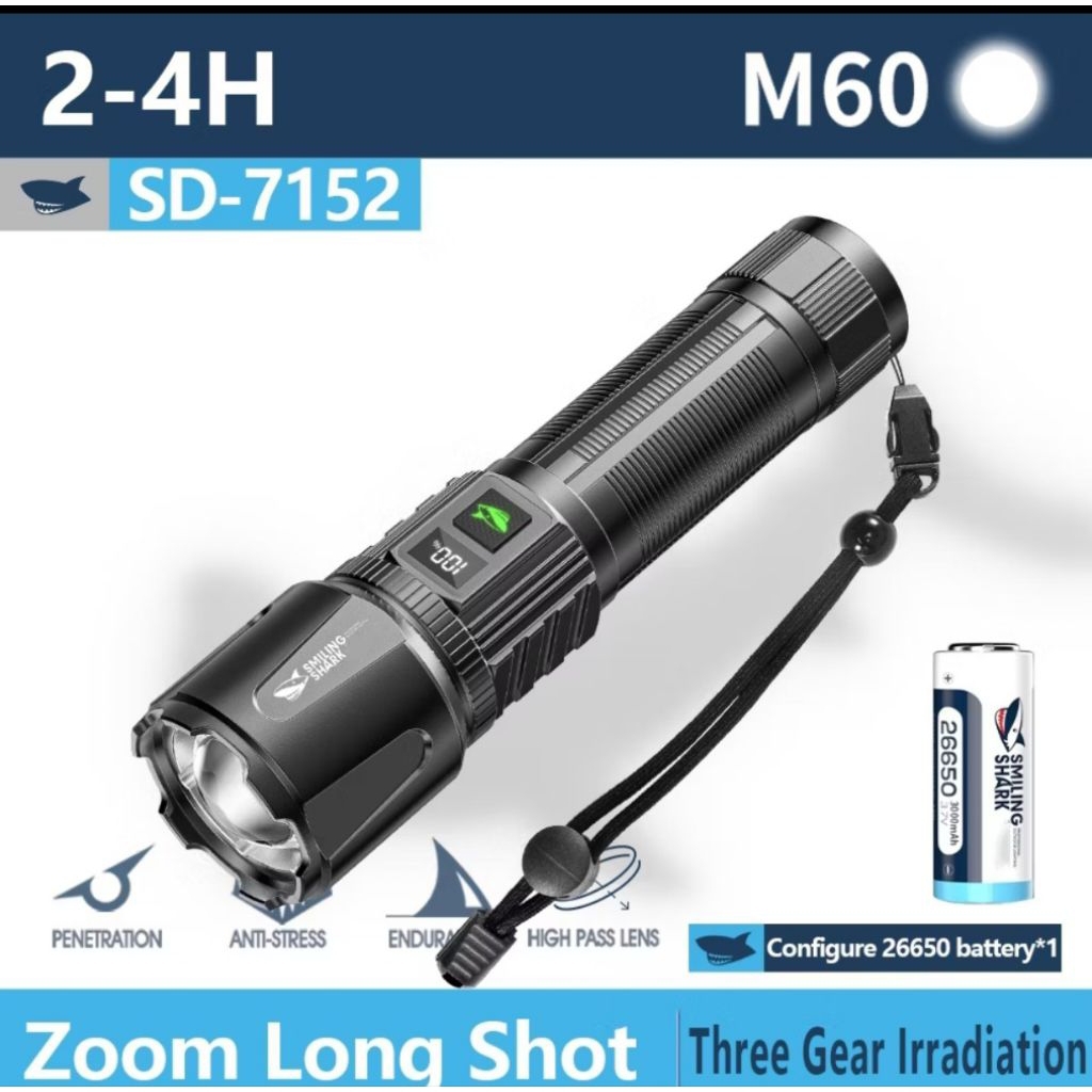 Senter Cas/Charger tangan Smilling Shark SD 7152 Led M60 Waterproof Zoom In/Out Original