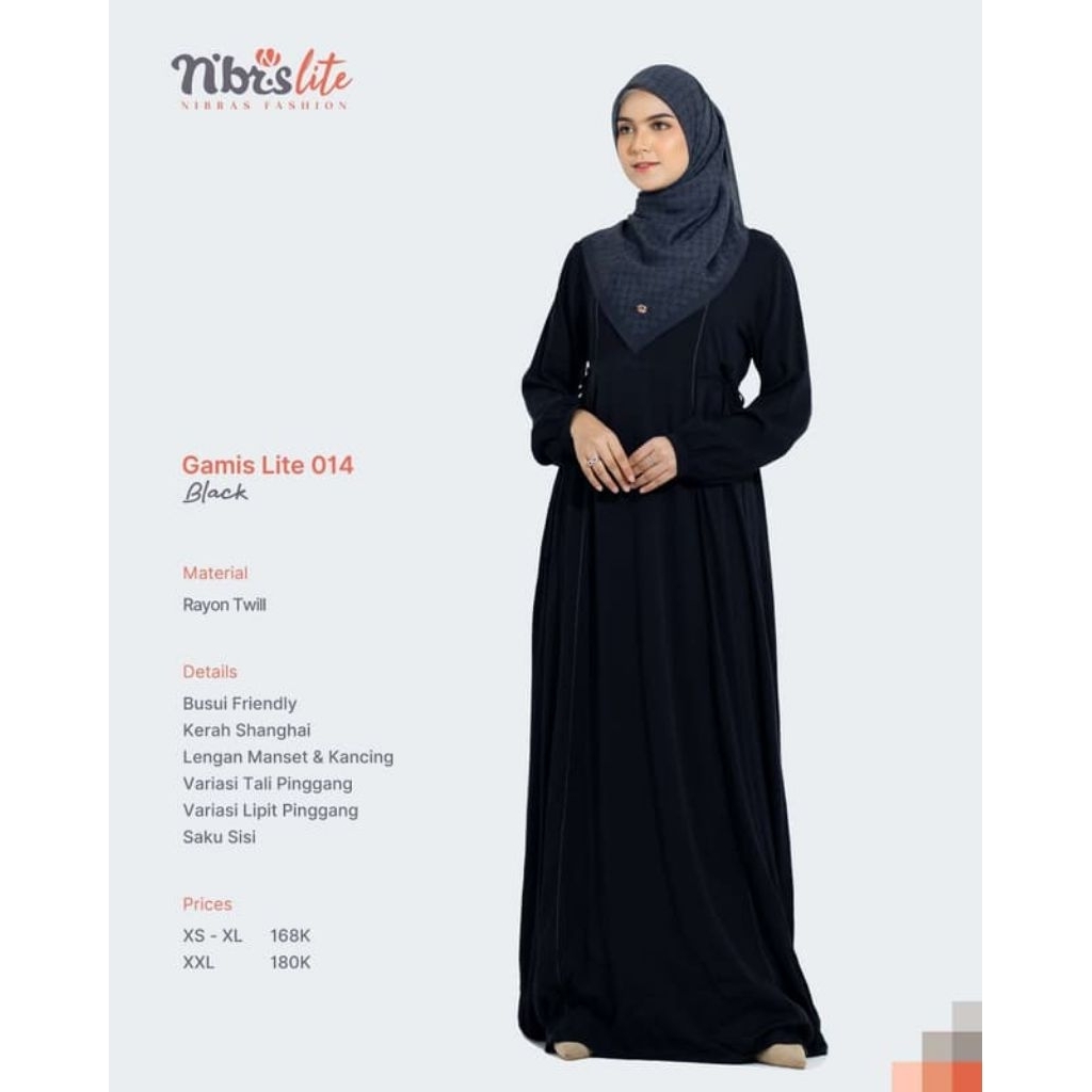 Gamis Nibras Lite 014 Warna Hitam Polos Black Bahan Rayon Twill Adem Baju Muslimah Cantik Casual Bra