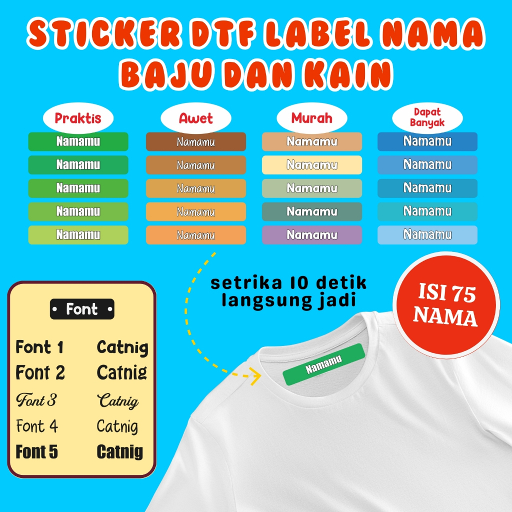 

Sticker Kain 75 Pcs Custom Nama Warna setrika sablon baju custom sablon nama Label Baju