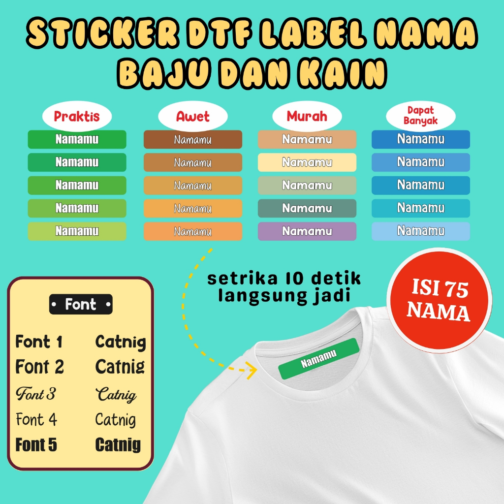 

Sticker Kain 75 Pcs Gratis Custom Nama Warna setrika sablon baju custom sablon nama Label Baju Ajaib