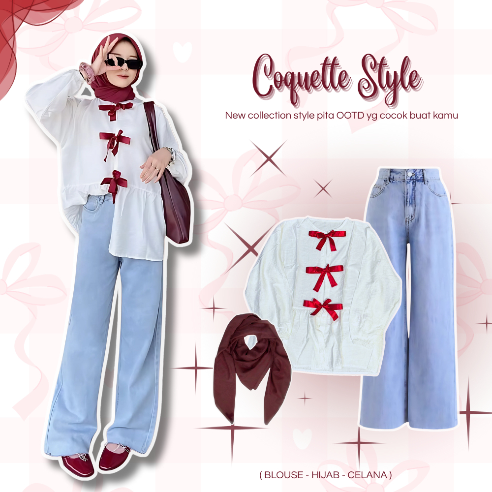 OOTD 3in1 Korean Look ( Blouse + Hijab + Celana ) Coquette Style Tali Korean Style Kekinian Hangout