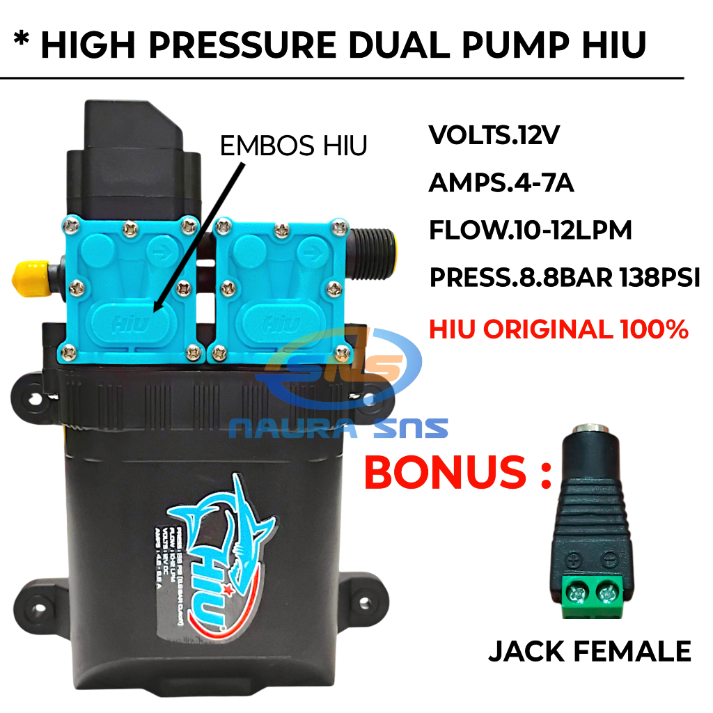 Dual Pump Hiu 12V 8Lpm 8.8 Bar / Mesin Pompa Air DC 12volt 320 PSI / Dinamo Pompa Sprayer