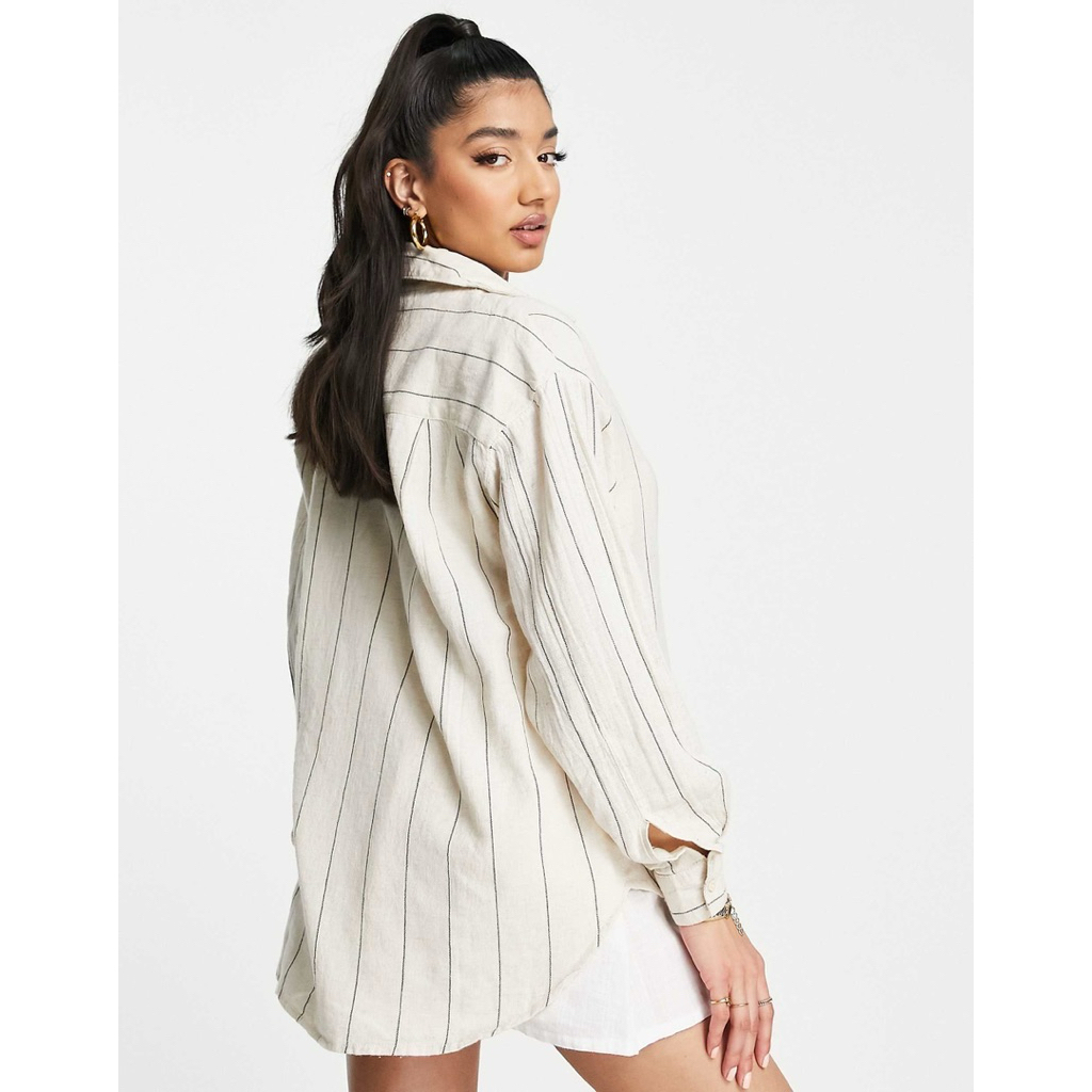 Preloved Stradivarius linen oversized dad shirt in rustic stripe size L