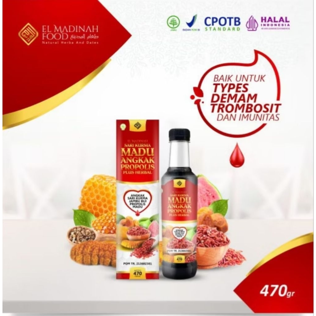 

Madu Angkak Propolis Plus Herbal - El Madinah - penambah trombosit, mengatasi DBD dan gejala typus