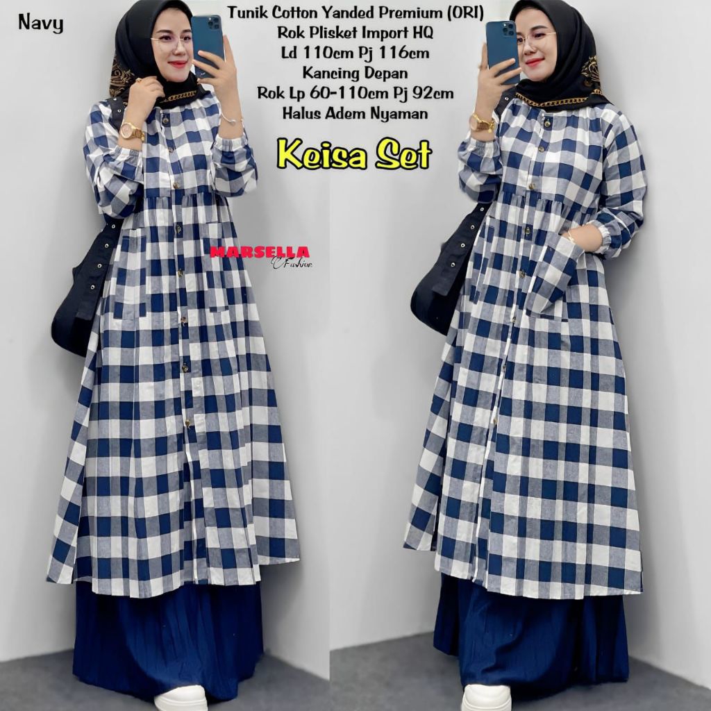 Keisa Set By Marsella/Baju Tunik Setelan Rok Plisket Motif Kotak-Kotak