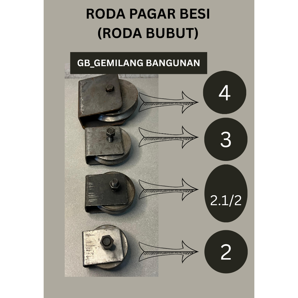 RODA PAGAR BESI (RODA BUBUT) UKURAN (4)/(3)/(2.1/2)/(2). / RODA PAGAR BESI BERBAGAI UKURAN / RODA BU