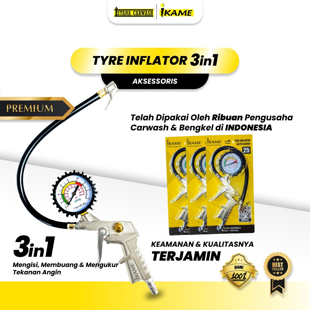 IKAME Tyre Inflator Gun Isi Angin Ban 3in1 Alat Ukur Tekanan Angin Kompresor