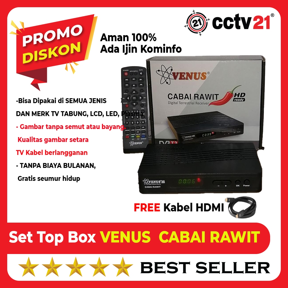Set Top Box STB Venus NEW Cabe Cabai Rawit Ada izin Dari Kominfo TV Digital Bonus Kabel HDMI cctv21