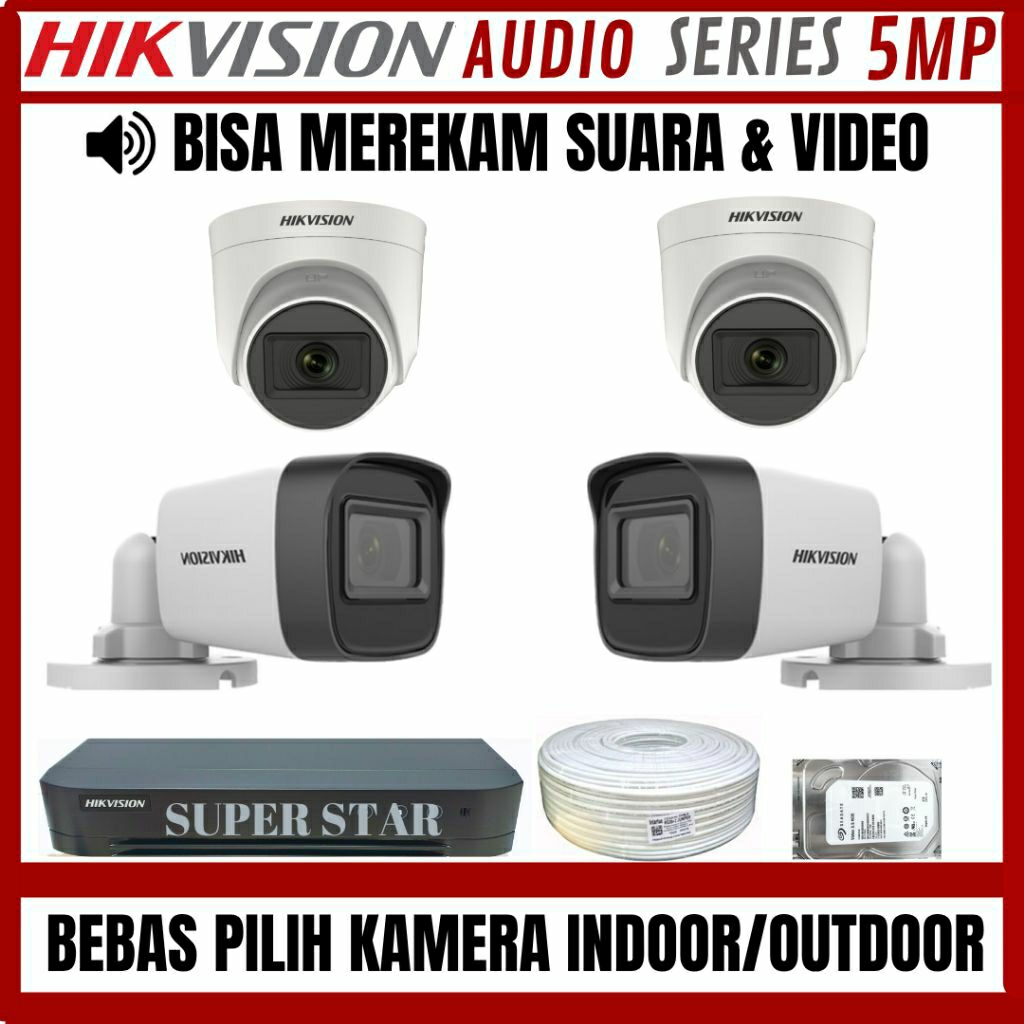 PAKET CCTV HIKVISION 5MP AUDIO 4 CHANNEL 4 KAMERA BISA MEREKAM SUARA DAN GAMBAR