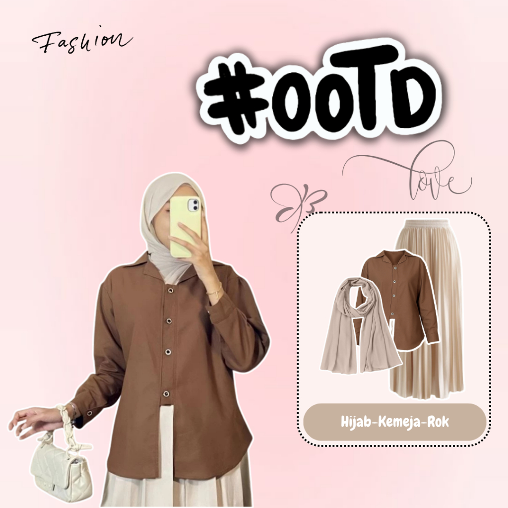 One set Wanita Korean Style 3in1 Hijab OOTD Outfit Kekinian (HIjab-Kemeja-Rok Plisket),OOTD Perempua
