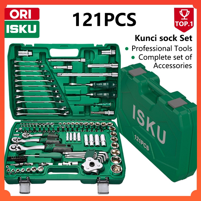 ISKU 121 Pcs Kunci Sok Set Tool Kit Mekanik Profesional Alat Perbaikan Mobil Lengkap 3 Ukuran Ratche