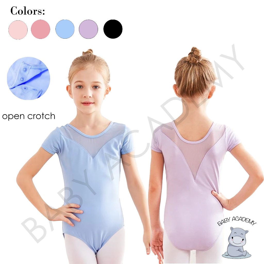 Leotard Balet Ballet Ballerina Gymnastic Senam Anak Perempuan Wanita Dewasa Short Sleeve V Neck Mesh