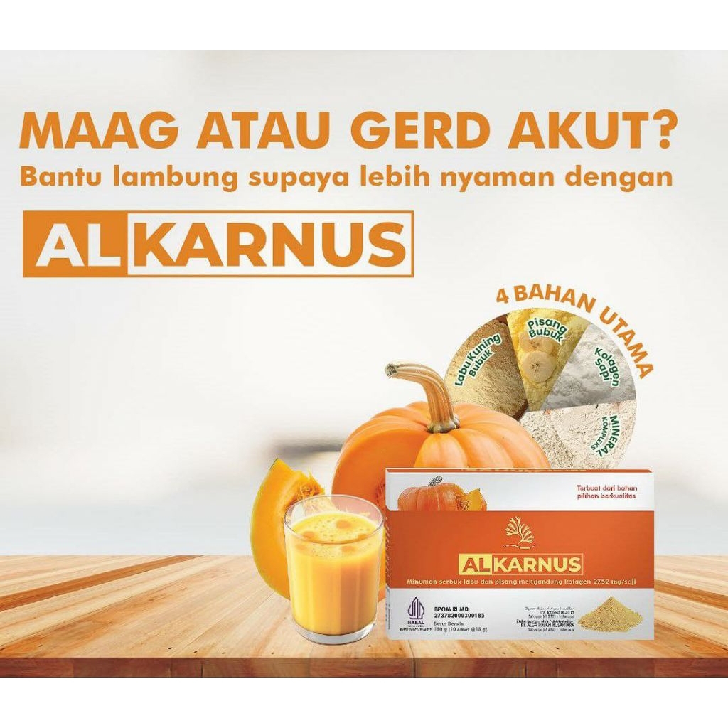 

ALKARNUS | Minuman Serbuk Labu & Pisang + Kolagen | Bantu Maag & Gerd – 1 sachet