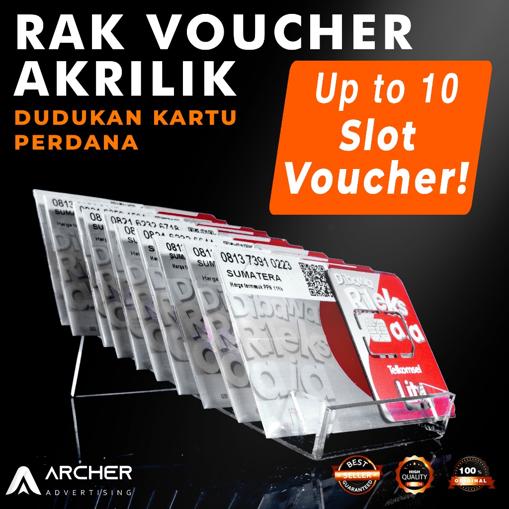 TEMPAT TATAKAN RAK KARTU VOUCHER PERDANA 10 SLOT LEBAR 6CM AKRILIK