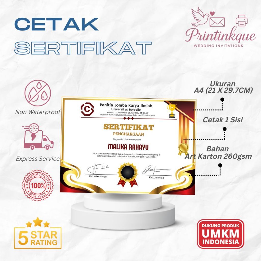 

Jasa Cetak Sertifikat Custom Satu Sisi Art Karton 260gsm A4