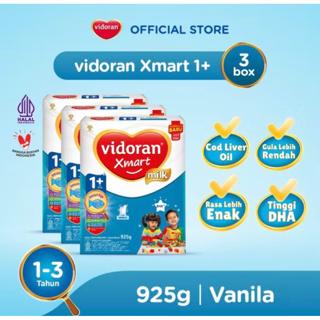 

vidoran Xmart 1+ Vanila 925gr Susu Formula Pertumbuhan Anak 1-3 Tahun - 3 box (Exp : 10.2026)