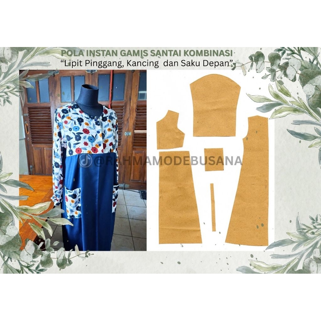 Pola Instan Gamis Santai Kombinasi / Pola Jiplak / Jual Pola / Pola Pakaian Wanita  / Pola Baju Wani
