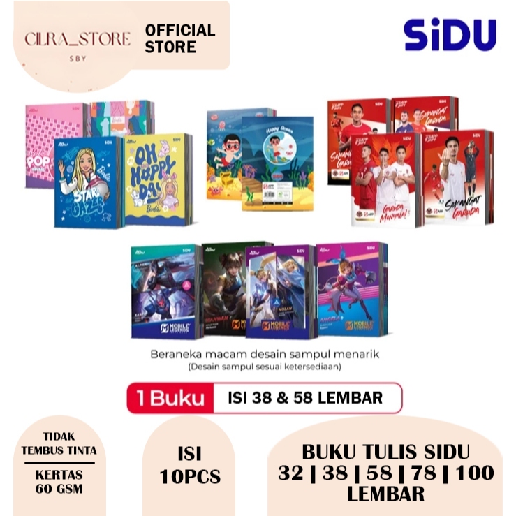 

Buku Tulis SiDu Timnas Indonesia | Mobile Legend | Barbie | Fancy 32 | 38 | 58 | 78 | 100 L (10Pcs)