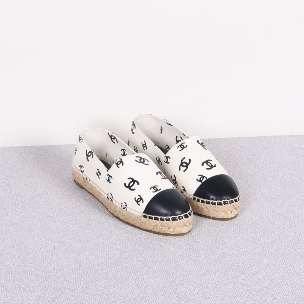 CHANEL CHNL Classic White All Over Logo Leather Espadrilles