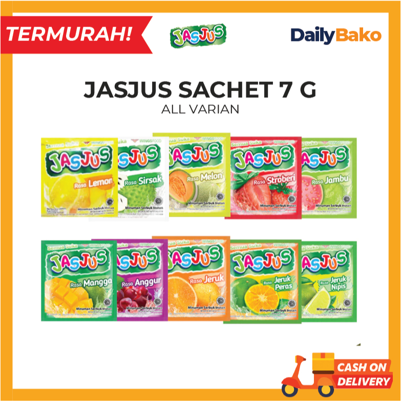 

JasJus Sachet 7g - Anggur Strawberry Jeruk Nipis Mangga Jeruk Peras Leci Jambu