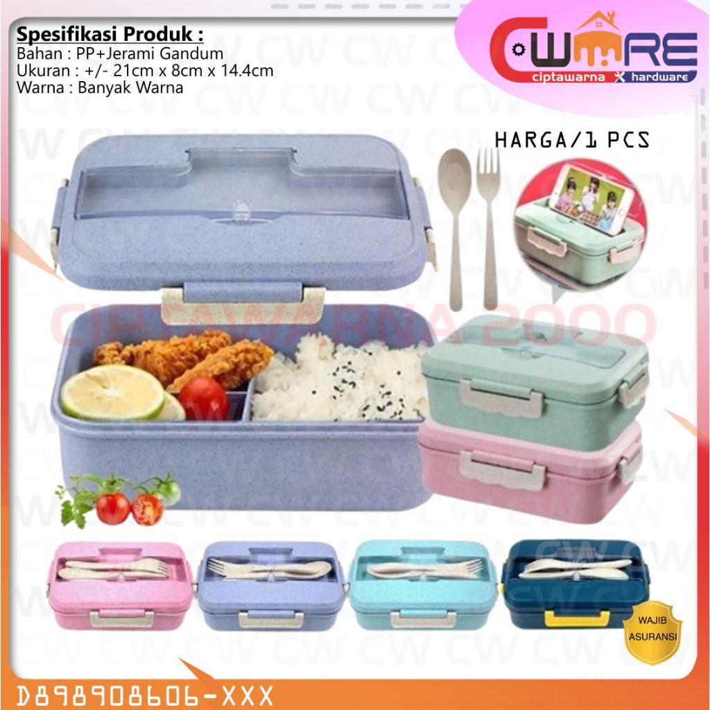 Kotak Bekal Makan Jerami Gandum 4in1 + Garpu Sendok Kotak Nasi Bento 3 Sekat 1000ml Kotak Bekal - MM