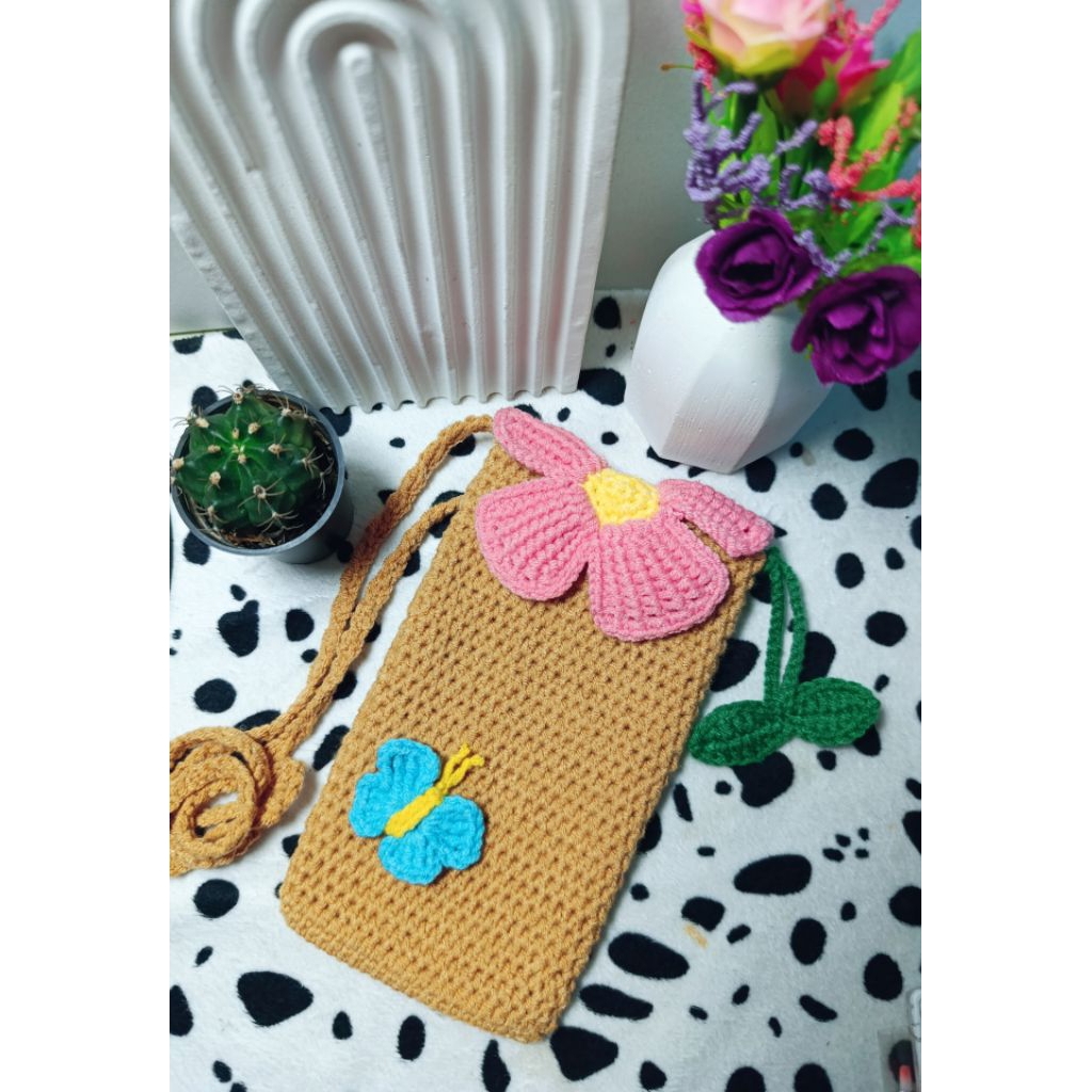 Tas Hp selempang rajut bunga kupu lucu tali panjang