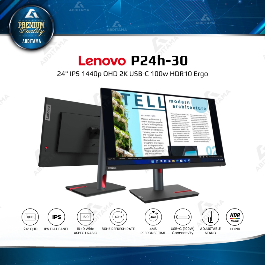Monitor LED Lenovo ThinkVision P24H-30 24" IPS 1440p QHD 2K HDMI 2.0x1 DP 1.4x2 USB-C 100w Lan RJ45x