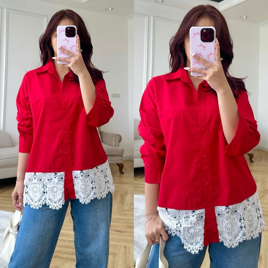 NANDO KEMEJA MERAH PUTIH BROKAT WANITA LENGAN PANJANG KATUN POPLIN OVERSIZED 2960